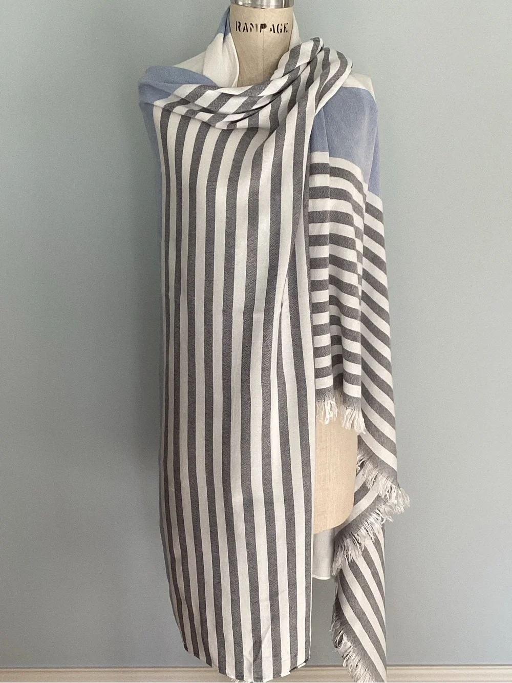 Women’s Blue and White Striped Viscose Scarf